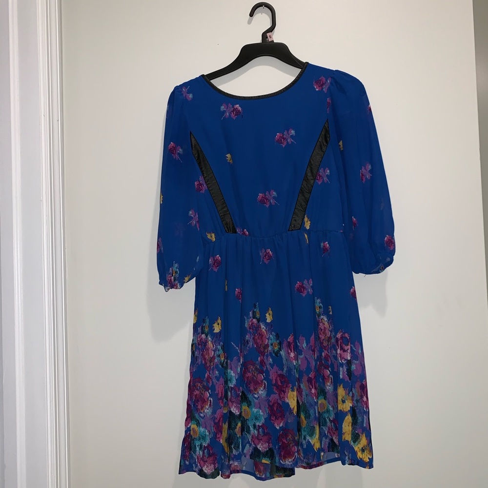 Floral blue dress with black leather detailing
